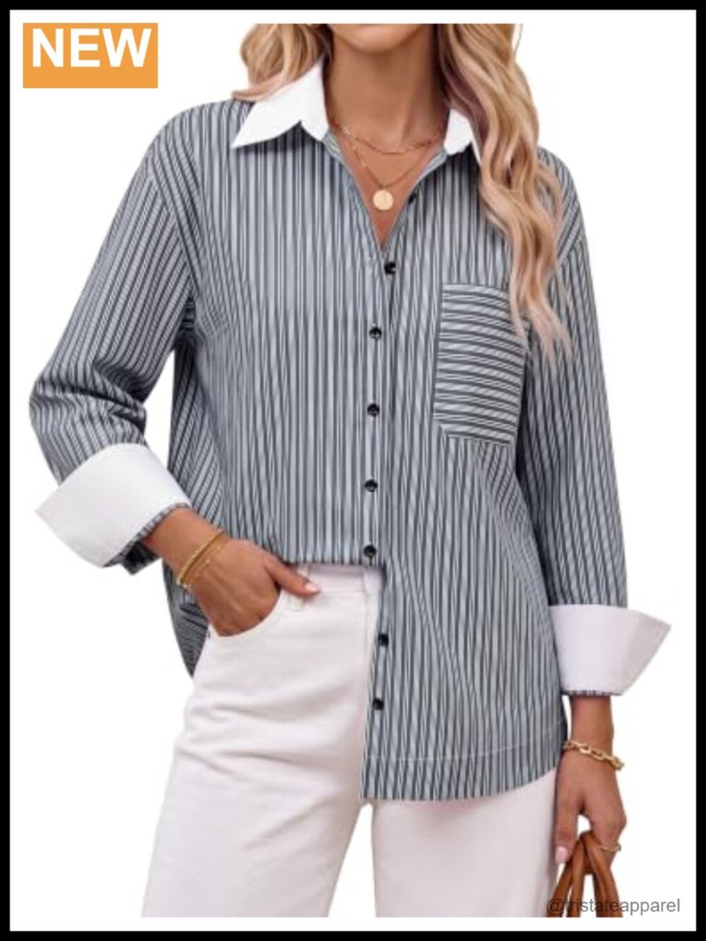 Cotton Blend Striped Button Down Shirt Long Sleeve Work Blouse Women's